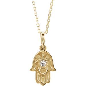 14k Yellow Gold .03 CT Diamond Small Hamsa Necklace, 16-18 Inch
